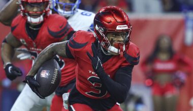 Nov 10, 2024; Houston, Texas, USA; Houston Texans wide receiver Tank Dell (3) runs with the ball on a play during the second quarter against the Detroit Lions at NRG Stadium. Mandatory Credit: Troy Taormina-Imagn Images
