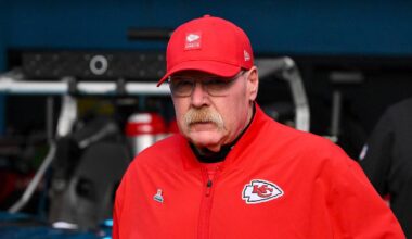 Dec 21, 2025; Nashville, Tennessee, USA;  Kansas City Chiefs head coach Andy Reid walks to the field against the Tennessee Titans during pre-game warmups at Nissan Stadium. Mandatory Credit: Steve Roberts-Imagn Images
