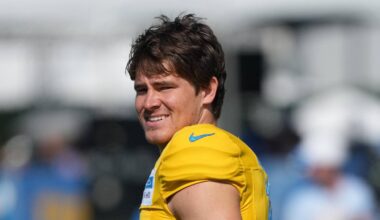 Aug 7, 2025; El Segundo, CA, USA; Los Angeles Chargers quarterback Justin Herbert (10) reacts during training camp at The Bolt. Mandatory Credit: Kirby Lee-Imagn Images