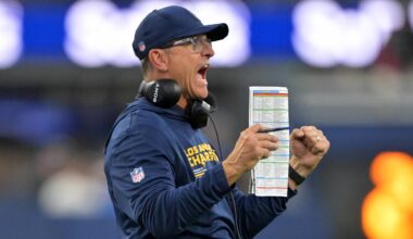 Nov 30, 2025; Inglewood, California, USA; Los Angeles Chargers head coach Jim Harbaugh reacts during the second half at SoFi Stadium. Mandatory Credit: Jayne Kamin-Oncea-Imagn Images