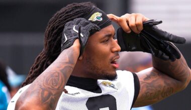 Jaguars safety Antonio Johnson (6) asks a teammate for headphones after the Jaguars held their fourth OTA of the year, Monday June 1, 2026 at the Miller Electric Center in Jacksonville, Fla. [Doug Engle/Florida Times-Union]