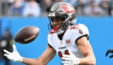 Dec 21, 2025; Charlotte, North Carolina, USA;  Tampa Bay Buccaneers wide receiver Jalen McMillan (11) catches the ball in the first quarter at Bank of America Stadium. Mandatory Credit: Bob Donnan-Imagn Images