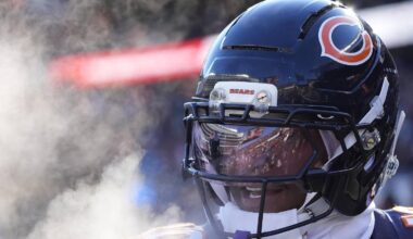 Dec 14, 2025; Chicago, Illinois, USA; Chicago Bears wide receiver Luther Burden III (10) walks off the field during halftime of the game against the Cleveland Browns at Soldier Field. Mandatory Credit: David Banks-Imagn Images