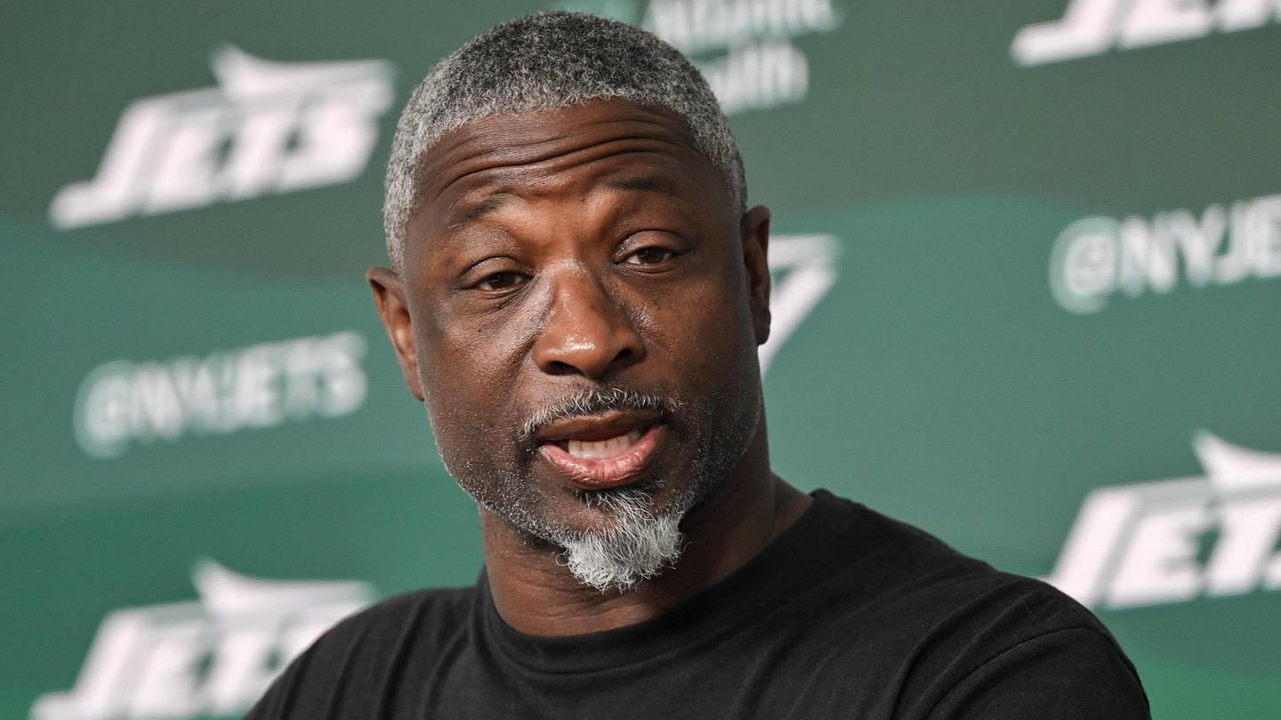 Jun 10, 2026; Florham Park, NY, USA; New York Jets head coach Aaron Glenn speaks at a press conference during minicamp at Atlantic Health Jets Training Center. Mandatory Credit: John Jones-Imagn Images