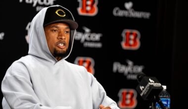 Bengals safety Bryan Cook speaks to the media during a press conference at Paycor Stadium in Cincinnati on Thursday, March 12, 2026.