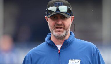 Jul 24, 2024; East Rutherford, NJ, USA; New York Giants defensive coordinator Shane Bowen looks on during training camp at Quest Diagnostics Training Facility. Mandatory Credit: Vincent Carchietta-Imagn Images