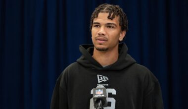 Feb 27, 2026; Indianapolis, IN, USA; North Dakota State wideout Bryce Lance (WO26) speaks to members of the media during the NFL Combine at the Indiana Convention Center. Mandatory Credit: Jacob Musselman-Imagn Images