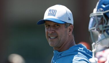 Jun 3, 2026; East Rutherford, NJ, USA;  New York Giants head coach John Harbaugh looks on during organized team activities at Quest Diagnostics Training Center. Mandatory Credit: Vincent Carchietta-Imagn Images