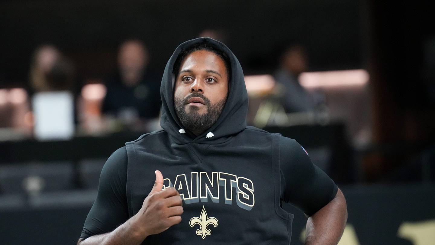 Oct 5, 2025; New Orleans, Louisiana, USA; New Orleans Saints defensive end Cameron Jordan (94) warms up prior to the game against the New York Giants at Caesars Superdome. Mandatory Credit: Matthew Hinton-Imagn Images