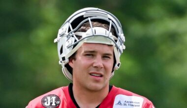 Indianapolis Colts quarterback Riley Leonard looks on during minicamp