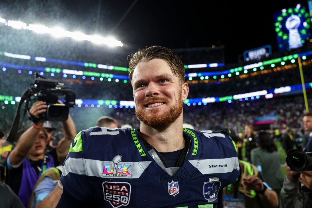 Sam Darnold of the Seattle Seahawks celebrates their Super Bowl LX victory.