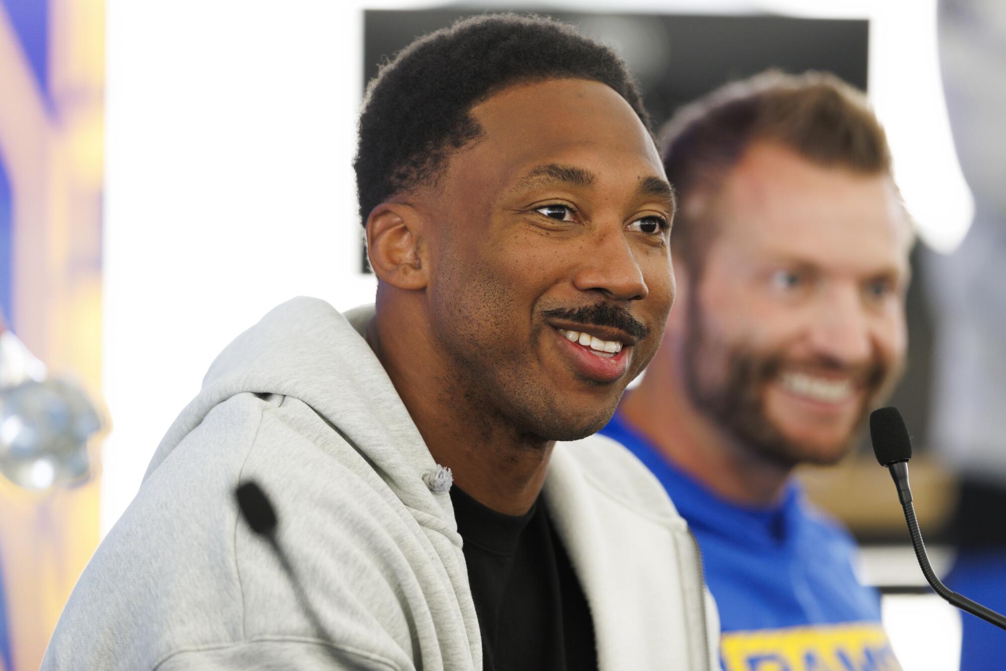 Newly acquired Rams defensive end Myles Garrett speaks during his introductory news conference on Tuesday.