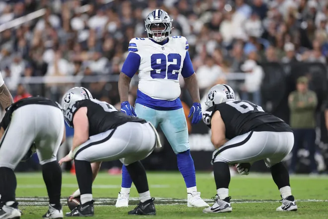 LAS VEGAS, NEVADA - NOVEMBER 17: Quinnen Williams #92 of the Dallas Cowboys during the NFL game at Allegiant Stadium on November 17, 2025 in Las Vegas, Nevada. The Cowboys defeated the Raiders 33-16. (Photo by Christian Petersen/Getty Images)