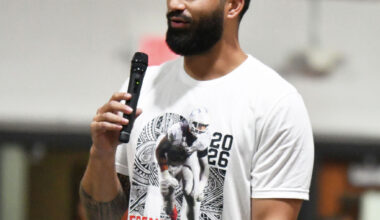 Philadelphia Eagles outside linebacker A.J. Epenesa answers questions during his youth football camp on June 26 inside the Jon Davis Wrestling Center.
