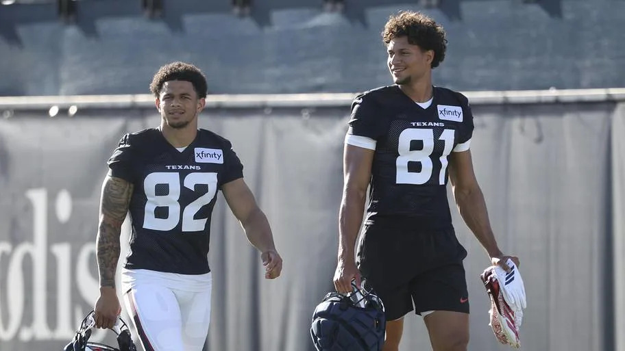 Jul 23, 2025; Houston, TX, USA;  Houston Texans wide receiver Jaylin Noel (82) and wide receiver Jayden Higgins (81) during t