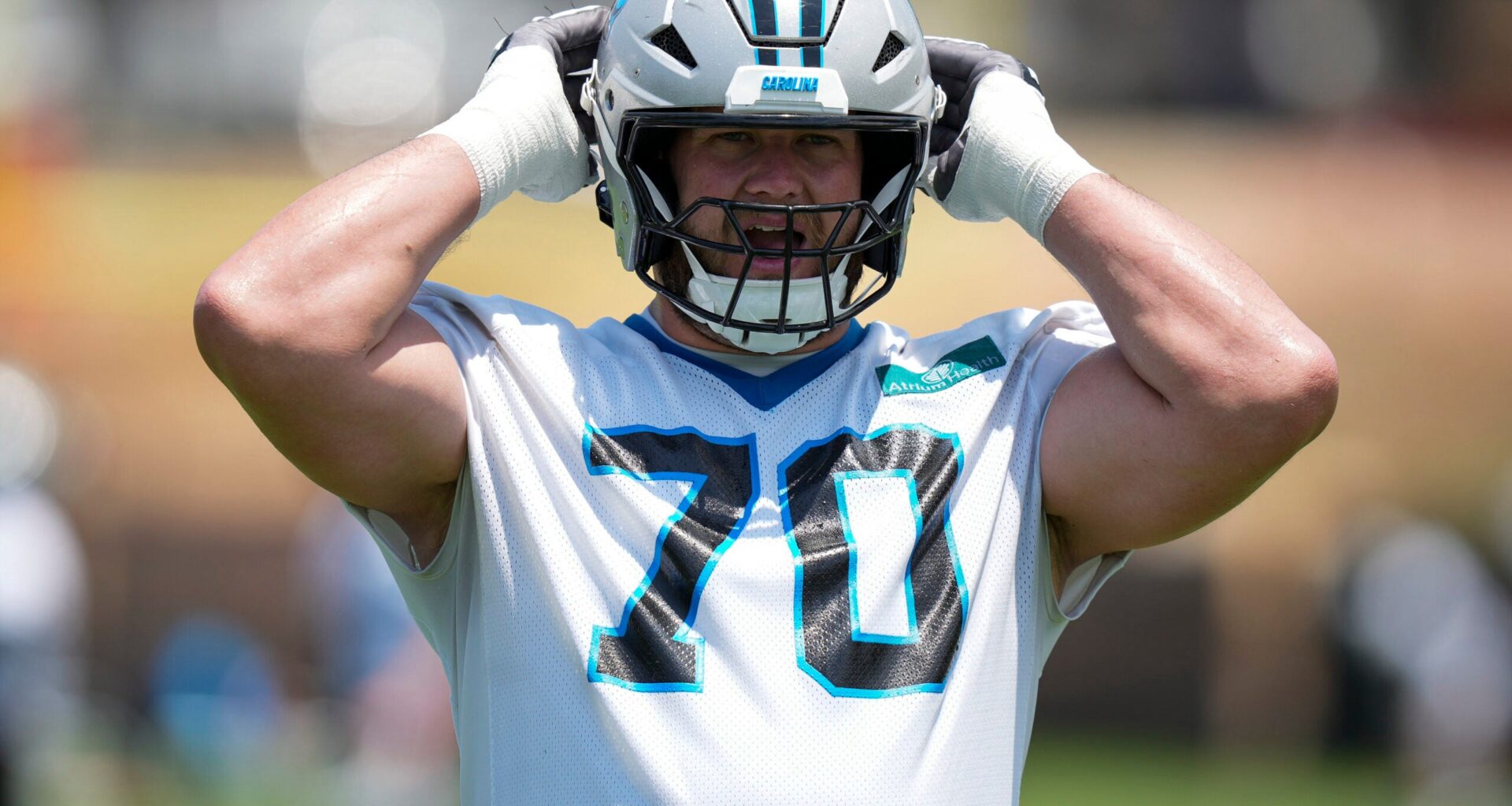 Jun 11, 2025; Charlotte, NC, USA; Carolina Panthers guard Brady Christensen (70) during minicamp at Bank of America Stadium.