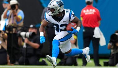 Carolina Panthers running back Trevor Etienne (23) returns a kickoff during the second quarter of an NFL football matchup at EverBank Stadium, Sunday, Sept. 7, 2025 in Jacksonville, Fla.