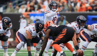 Nov 2, 2025; Cincinnati, Ohio, USA; Chicago Bears quarterback Caleb Williams (18) gestures toward the Cincinnati Bengals defense at the line of scrimmage during the first quarter at Paycor Stadium.