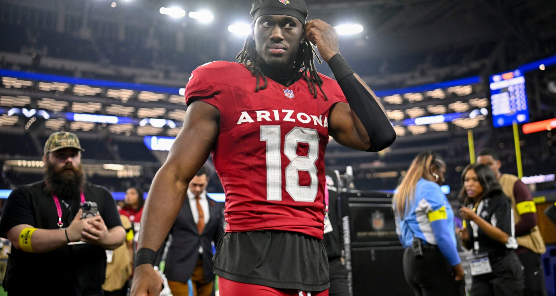 Nov 3, 2025; Arlington, Texas, USA; Arizona Cardinals wide receiver Marvin Harrison Jr. (18) walks off the field after the game between the Dallas Cowboys and the Arizona Cardinals at AT&T Stadium.