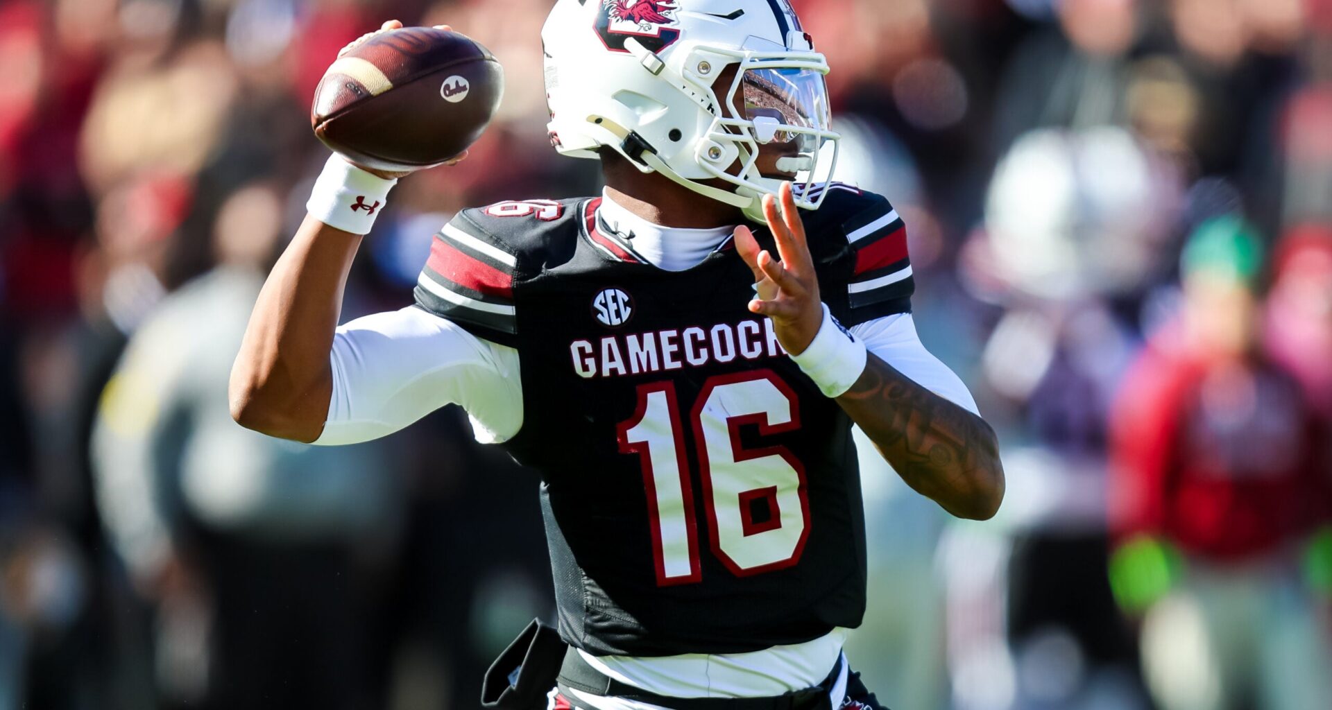 Nov 29, 2025; Columbia, South Carolina, USA; South Carolina Gamecocks quarterback Lanorris Sellers (16) passes against the Clemson Tigers in the first quarter at Williams-Brice Stadium.