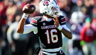 Nov 29, 2025; Columbia, South Carolina, USA; South Carolina Gamecocks quarterback Lanorris Sellers (16) passes against the Clemson Tigers in the first quarter at Williams-Brice Stadium.