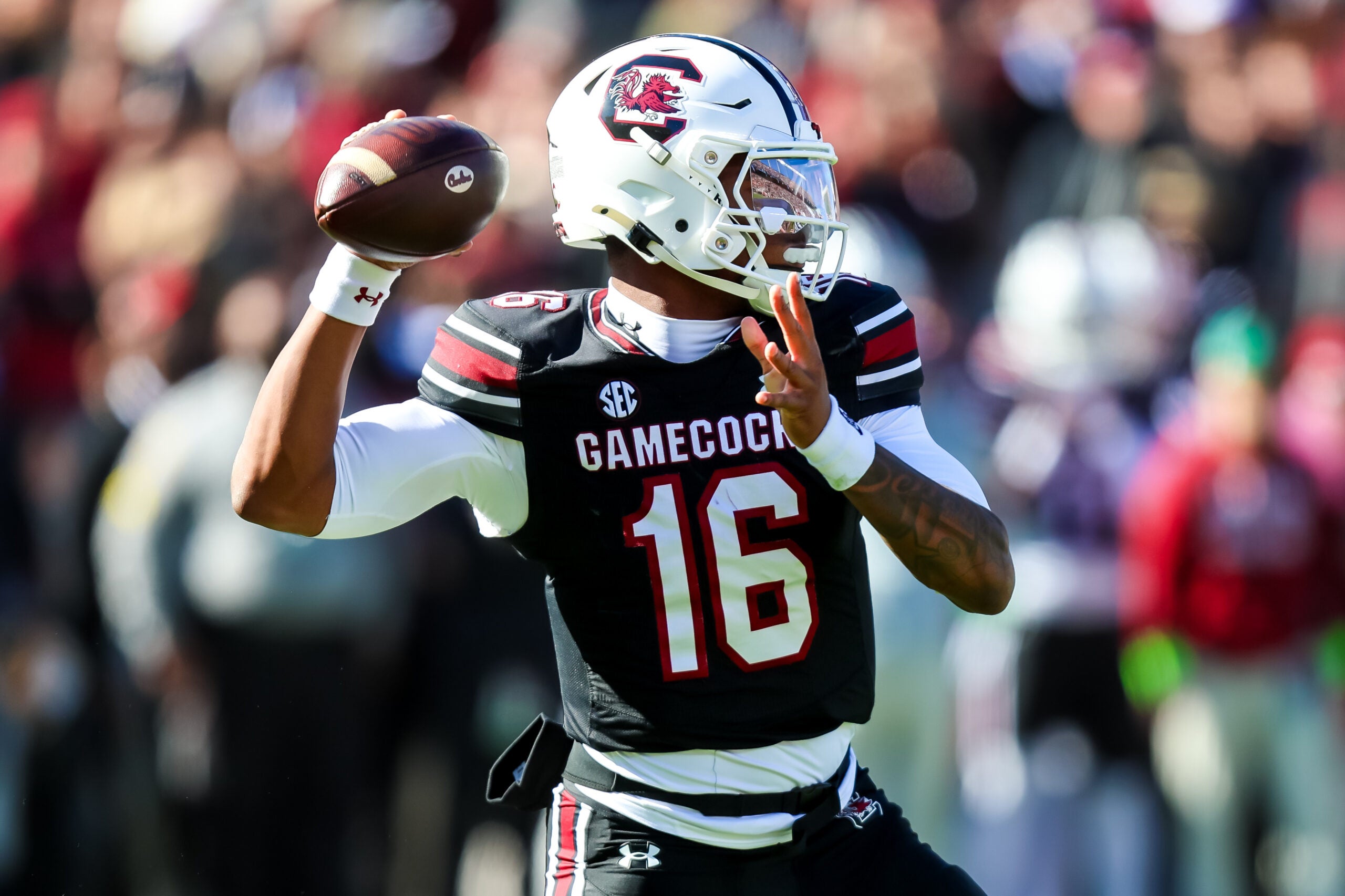 Nov 29, 2025; Columbia, South Carolina, USA; South Carolina Gamecocks quarterback Lanorris Sellers (16) passes against the Clemson Tigers in the first quarter at Williams-Brice Stadium.