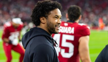 Nov 23, 2025; Glendale, Arizona, USA; Arizona Cardinals quarterback Kyler Murray (1) against the Jacksonville Jaguars at State Farm Stadium.