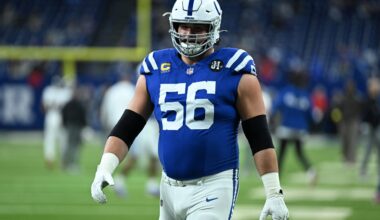 Nov 30, 2025; Indianapolis, Indiana, USA; Indianapolis Colts guard Quenton Nelson (56) warms up before a game against the Houston Texans at Lucas Oil Stadium.