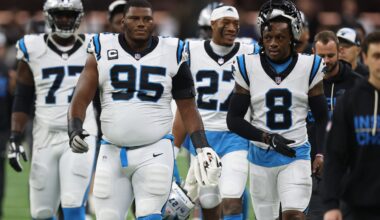 Dec 14, 2025; New Orleans, Louisiana, USA; Carolina Panthers defensive end Derrick Brown (95) and cornerback Jaycee Horn (8) walk on the field before the game against the New Orleans Saints at Caesars Superdome.
