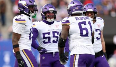 Dec 21, 2025; East Rutherford, New Jersey, USA; Minnesota Vikings defensive lineman Jalen Redmond (61) reacts with linebacker Eric Wilson (55) during the first half at MetLife Stadium.