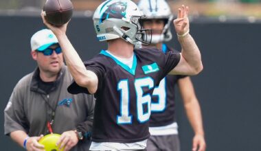 Jun 9, 2026; Charlotte, NC, USA; Carolina Panthers quarterback Haynes King (16) throws during the first day of mini camp at Bank of America Stadium practice facility.
