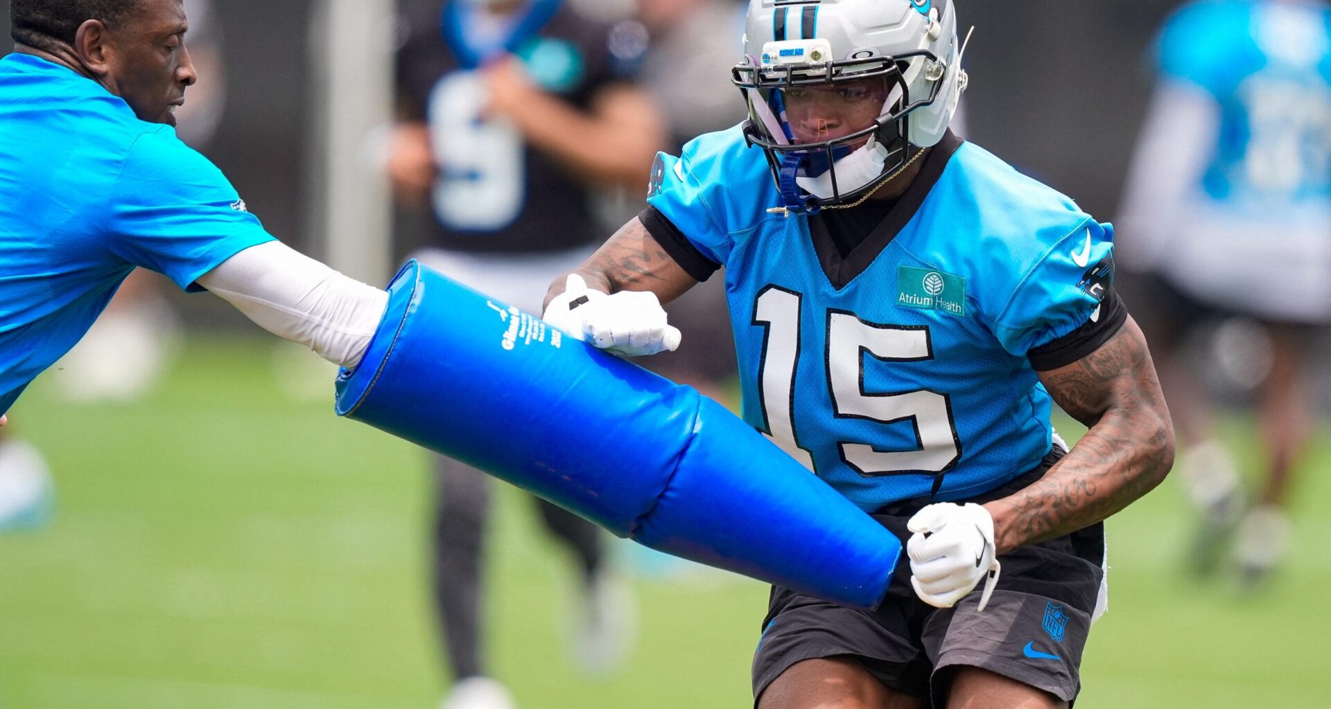 Jun 9, 2026; Charlotte, NC, USA; Carolina Panthers wide receiver Jimmy Horn Jr. (15) practices and avoidance drill during the first day of mini camp at Bank of America Stadium practice facility.