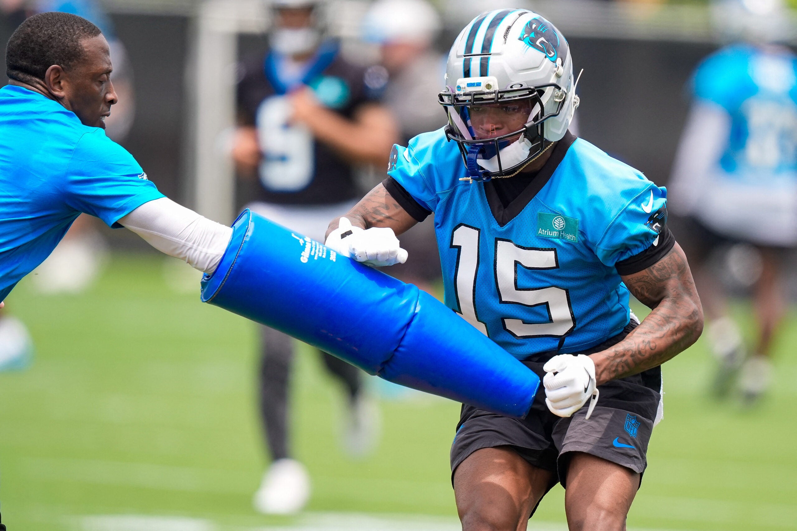 Jun 9, 2026; Charlotte, NC, USA; Carolina Panthers wide receiver Jimmy Horn Jr. (15) practices and avoidance drill during the first day of mini camp at Bank of America Stadium practice facility.