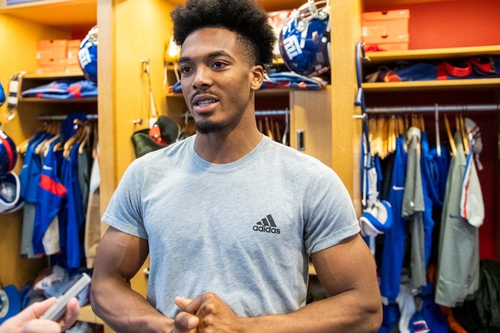 New York Giants defensive back Sam Beal speaking to the press.
