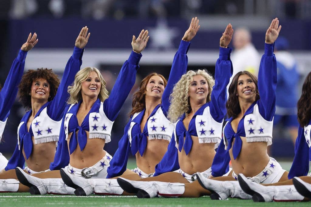 Dallas Cowboys Cheerleaders perform prior to the game against the Arizona Cardinals at AT&T Stadium on November 03, 2025 in Arlington, Texas.