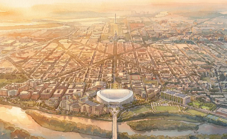 Aerial view of master planned stadium development