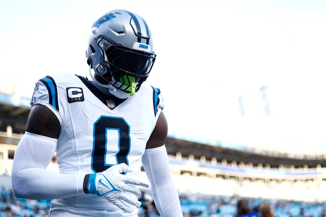 CHARLOTTE, NORTH CAROLINA - SEPTEMBER 18: Brian Burns #0 of the Carolina Panthers warms up prior to the game against the New Orleans Saints at Bank of America Stadium on September 18, 2023 in Charlotte, North Carolina. (Photo by Jared C. Tilton/Getty Images)