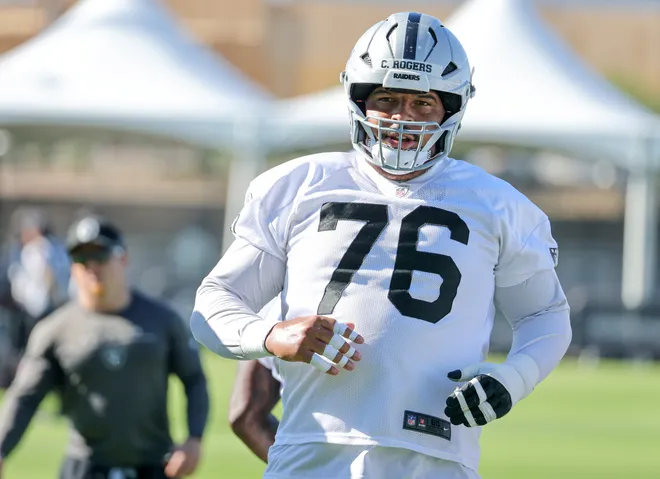 HENDERSON, NEVADA - JULY 25: Caleb Rogers #76 of the Las Vegas Raiders practices during the team's training camp at the Las Vegas Raiders Headquarters/Intermountain Health Performance Center on July 25, 2025 in Henderson, Nevada. (Photo by Ethan Miller/Getty Images)