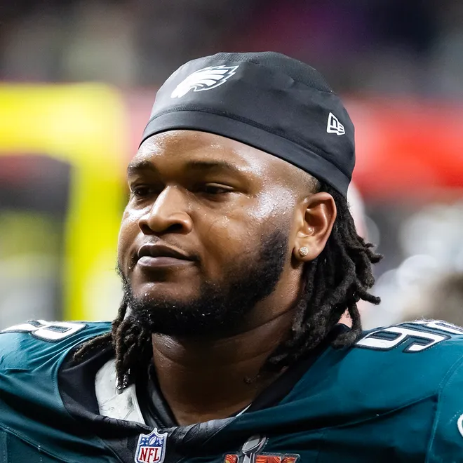 Feb 9, 2025; New Orleans, LA, USA; Philadelphia Eagles defensive end Jalen Carter (98) against the Kansas City Chiefs during Super Bowl LIX at Ceasars Superdome. Mandatory Credit: Mark J. Rebilas-Imagn Images