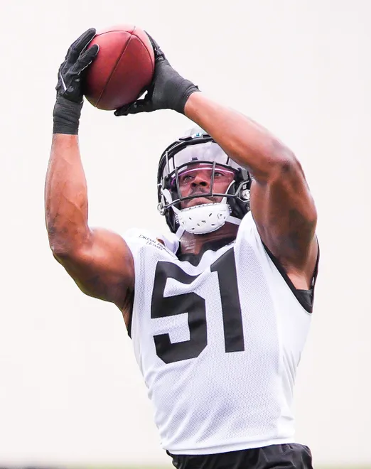 Jaguars linebacker Ventrell Miller (51) catches a pass during drills during the Jaguarsâ€™ fourth OTA of the year, Monday June 1, 2026 at the Miller Electric Center in Jacksonville, Fla. [Doug Engle/Florida Times-Union]