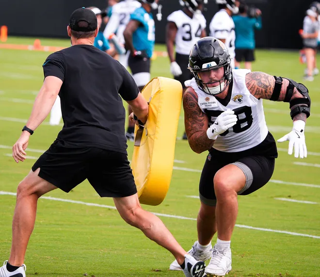 Jaguars defensive end Zach Durfee (58) runs a drill during the Jaguarsâ€™ fourth OTA of the year, Monday June 1, 2026 at the Miller Electric Center in Jacksonville, Fla. [Doug Engle/Florida Times-Union]