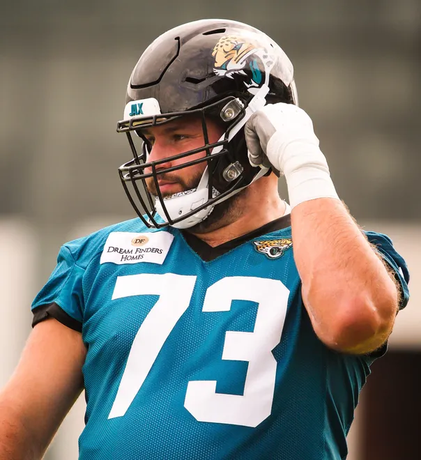 Jaguars center Robert Hainsey (73) takes a breather during the Jaguarsâ€™ fourth OTA of the year, Monday June 1, 2026 at the Miller Electric Center in Jacksonville, Fla. [Doug Engle/Florida Times-Union]