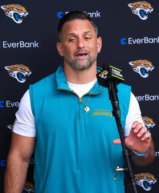 Jaguars defensive coordinator Anthony Campanile talks with the medial after the Jaguars held their 4th OTA of the year, Monday June 1, 2026 at the Miller Electric Center in Jacksonville, Fla. [Doug Engle/Florida Times-Union]