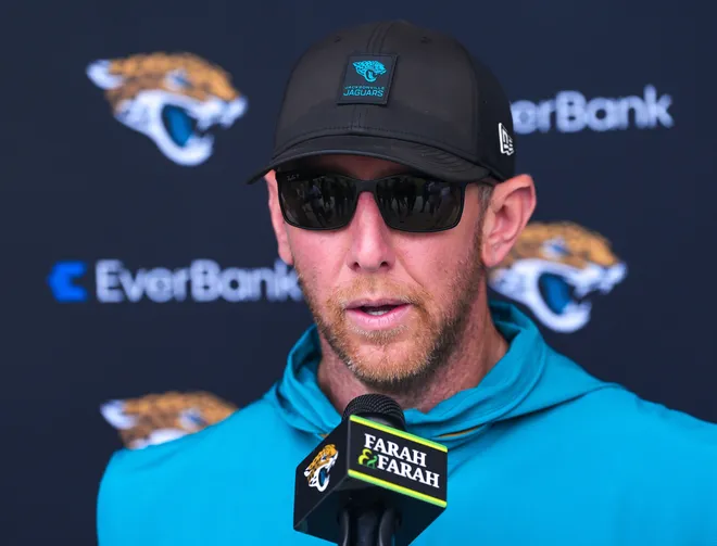Jaguars head coach Liam Coen talks with the media after the Jaguars held their fourth OTA of the year, Monday June 1, 2026 at the Miller Electric Center in Jacksonville, Fla. [Doug Engle/Florida Times-Union]