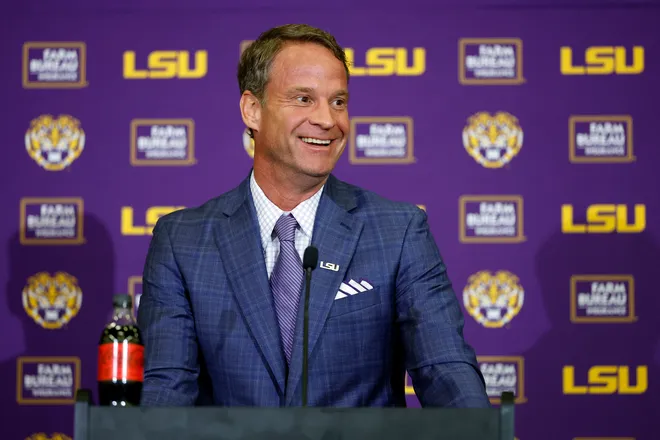 BATON ROUGE, LOUISIANA - DECEMBER 01: Lane Kiffin speaks at a press conference as he is introduced as the new head football coach of the LSU Tigers at Tiger Stadium on December 01, 2025 in Baton Rouge, Louisiana. (Photo by Tyler Kaufman/Getty Images)