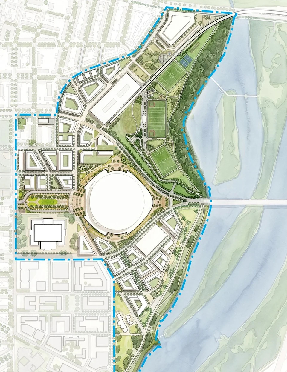 Master plan site map of waterfront stadium development