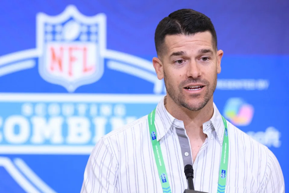 INDIANAPOLIS, INDIANA – FEBRUARY 24: Head coach Dave Canales of the Carolina Panthers speaks to the media during the 2026 NFL Scouting Combine at Lucas Oil Stadium on February 24, 2026 in Indianapolis, Indiana. (Photo by Justin Casterline/Getty Images)