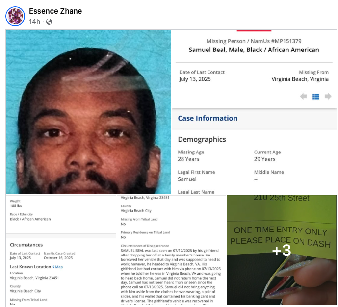 Collage of a missing person poster for Samuel Beal and a parking permit.
