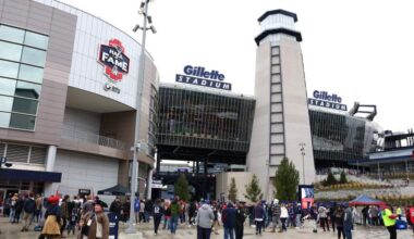 Fans gather outside Gillette Stadium in Foxboro before a New England Patriots game