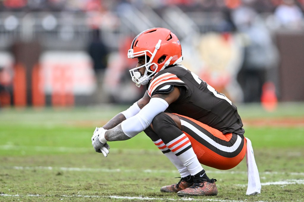 Denzel Ward #21 of the Cleveland Browns looks on during the third quarter against the Pittsburgh Steelers at Huntington Bank Field on December 28, 2025 in Cleveland, Ohio. 